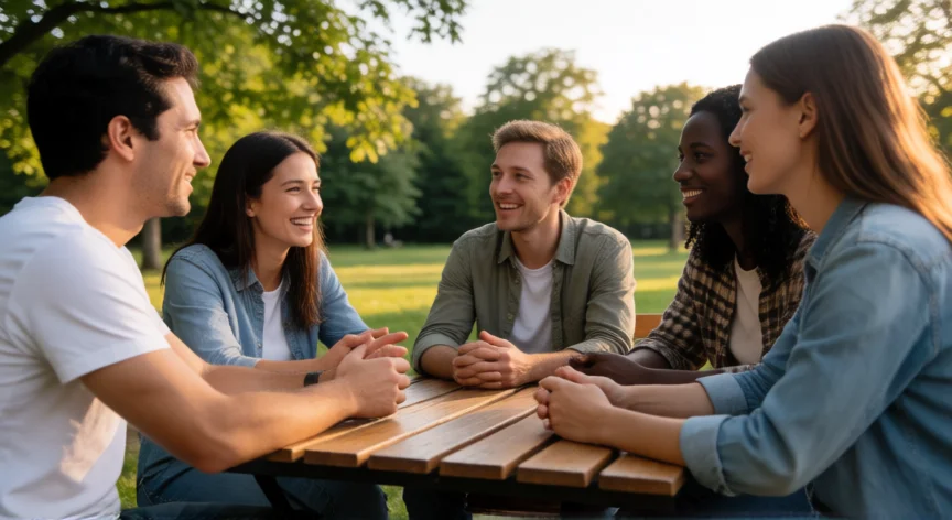 mejorar como ser humano, Grupo de amigos conversando con profundidad en un parque al atardecer