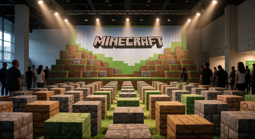 minecraft es aaa, Exposición temática de Minecraft en un pabellón de convenciones con bloques gigantes decorativos