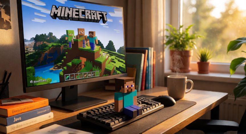 minecraft es aaa, Escritorio con monitor mostrando la pantalla de inicio de Minecraft y una figura del personaje Steve