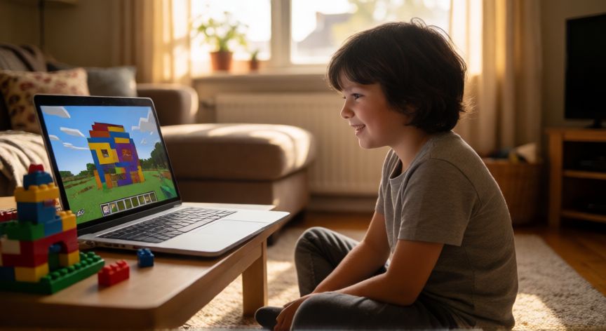 minecraft es adecuado para niños, Niño de nueve años jugando a Minecraft en modo creativo desde su ordenador en el salón