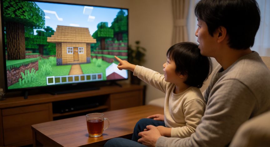 minecraft es adecuado para niños, Padre e hijo jugando juntos a Minecraft en modo supervivencia en el sofá de casa