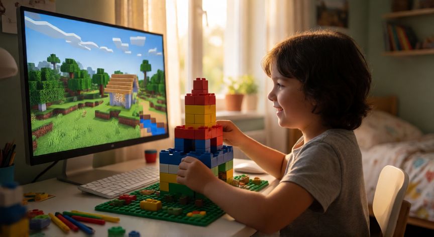 minecraft es apto para niños, Niño de ocho años construyendo un castillo en Minecraft en su ordenador de sobremesa