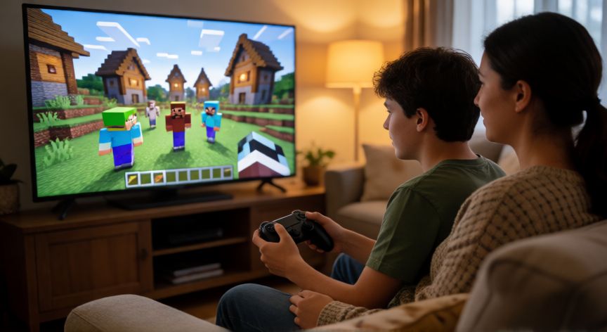 minecraft es apto para niños, Padre e hijo jugando juntos a Minecraft en el televisor del salón