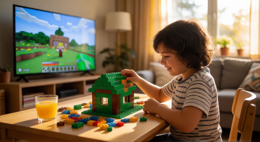 minecraft es apto para niños de 7 años, Niño de 7 años jugando a Minecraft en la sala de estar con luz natural