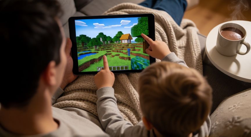 minecraft es apto para niños de 7 años, Padre e hijo jugando juntos a Minecraft en una tableta desde el sofá