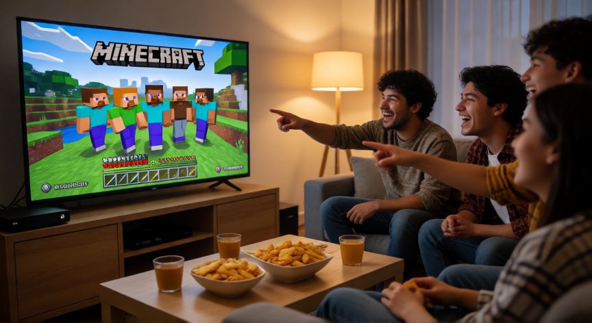 minecraft es con internet, Amigos jugando Minecraft en multijugador con consola en el salón