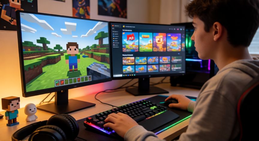 minecraft es igual a roblox, Jugador en su setup con dos pantallas mostrando juegos de mundos de bloques diferentes