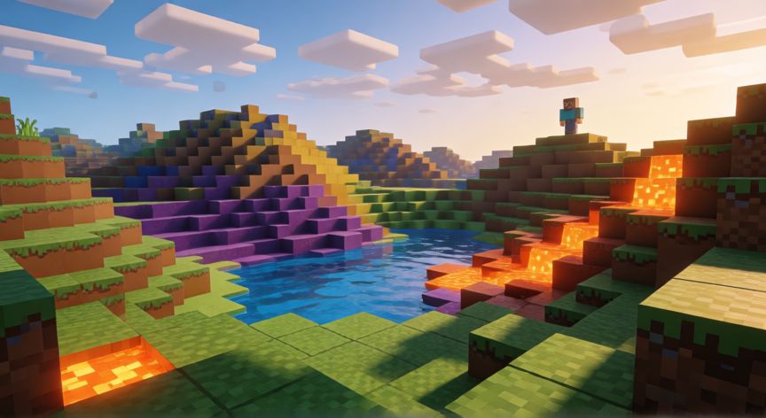 minecraft es indie, Paisaje de Minecraft mostrando el estilo de mundo de bloques característico