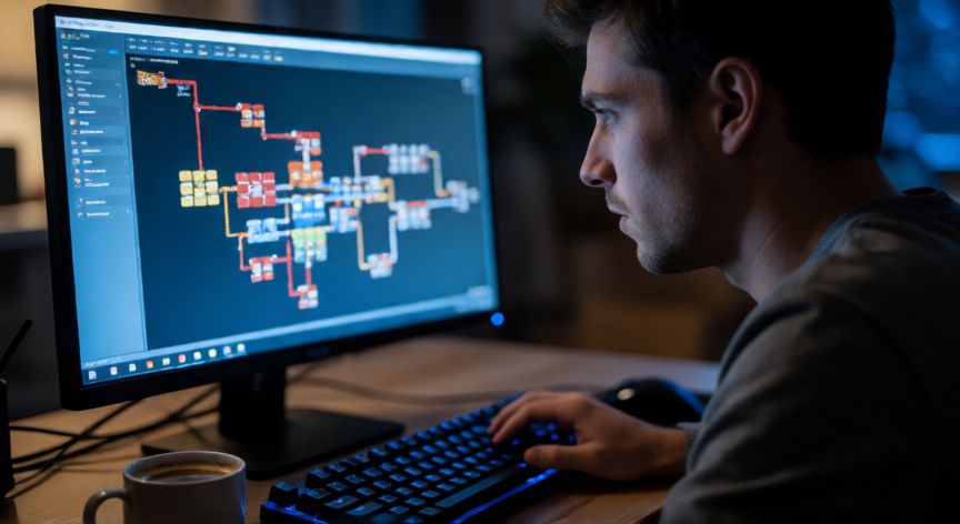 minecraft es infantil, Jugador adulto concentrado construyendo un circuito complejo de redstone en Minecraft