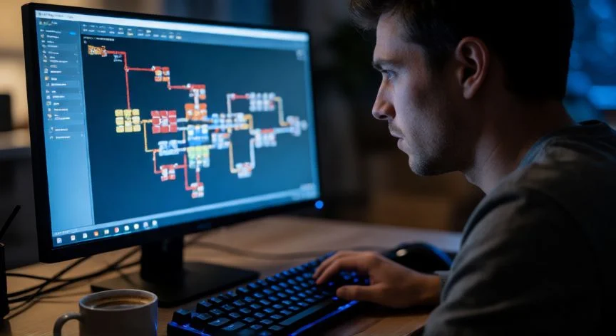 Padre y dos hijos jugando juntos a Minecraft en el salón de casa