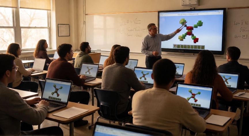 minecraft es infantil, Clase universitaria de adultos usando Minecraft Education para aprender química orgánica
