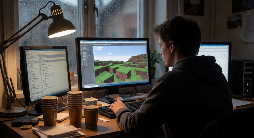 minecraft es juego indie, Programador solo en su apartamento desarrollando los primeros bloques de Minecraft en 2010