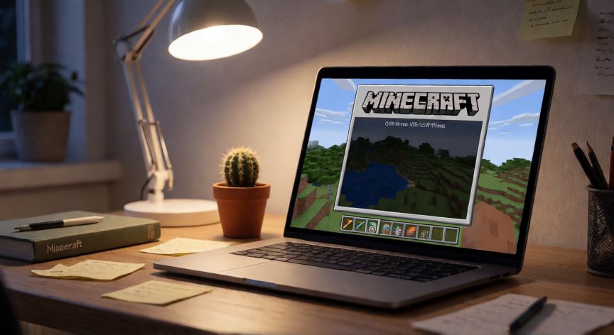 minecraft es offline, Portátil en una mesa con Minecraft abierto en modo offline bajo luz cálida de escritorio