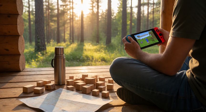 minecraft es offline, Jugador en una cabaña de madera jugando Minecraft offline en consola rodeado de naturaleza