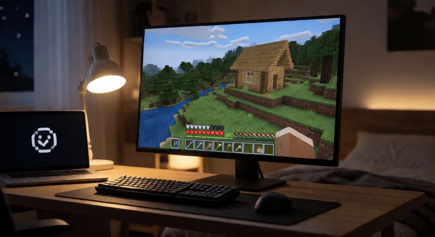 minecraft es online, PC mostrando Minecraft en modo singleplayer offline en una habitación con luz tenue
