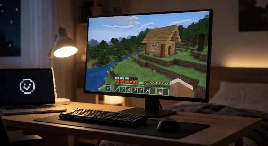 Jugadores de Minecraft construyendo juntos en una isla flotante al atardecer