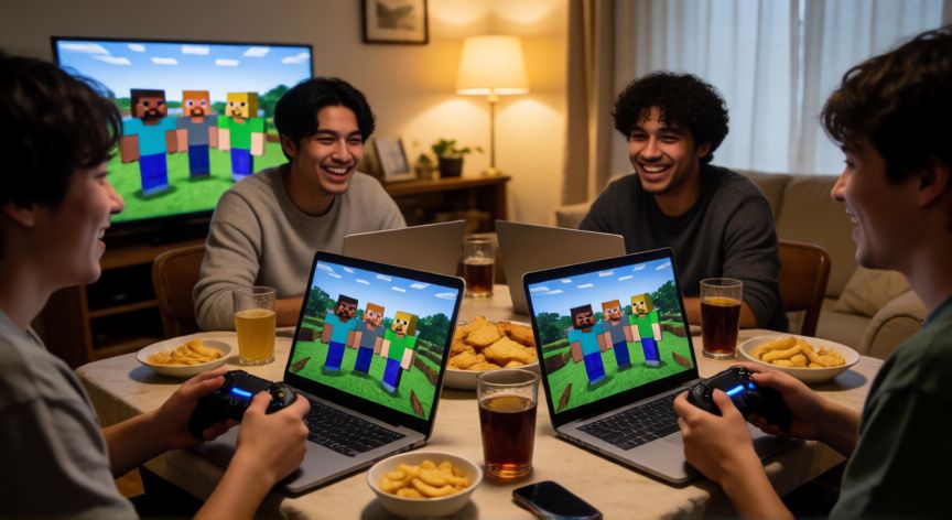minecraft es online, Grupo de amigos jugando Minecraft en multijugador online desde sus respectivos dispositivos