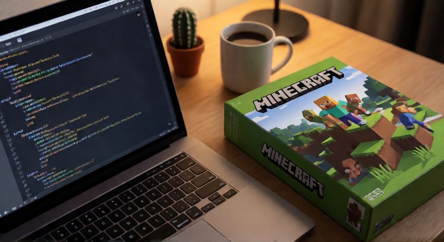 minecraft es open source, Portátil con código fuente Java de Minecraft junto a la caja del juego