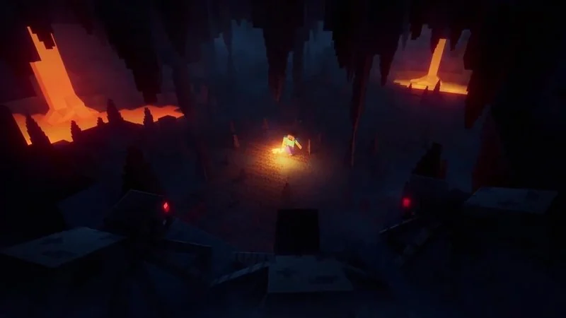 Escena nocturna de cuevas en Minecraft Caves & Cliffs, con lava, un jugador y mobs