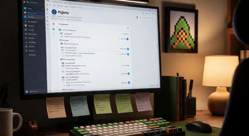 minecraft es open source, Espacio de desarrollo con monitor mostrando repositorio de GitHub de Mojang