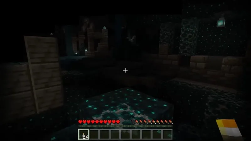 Captura de Minecraft Java en la Deep Dark, con iluminación tenue y partículas
