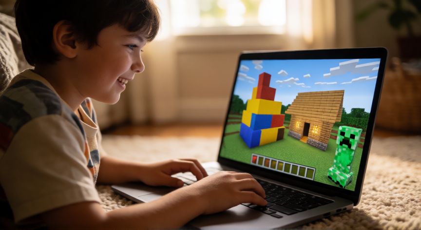 minecraft es para que edad, Niño de 7 años jugando Minecraft en modo Creativo con una laptop
