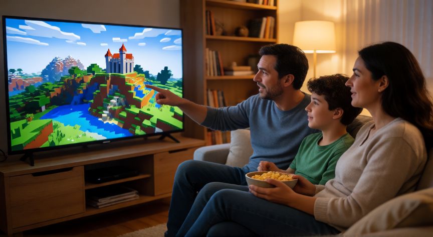 minecraft es para que edad, Familia jugando Minecraft juntos en el salón con la consola conectada a la televisión