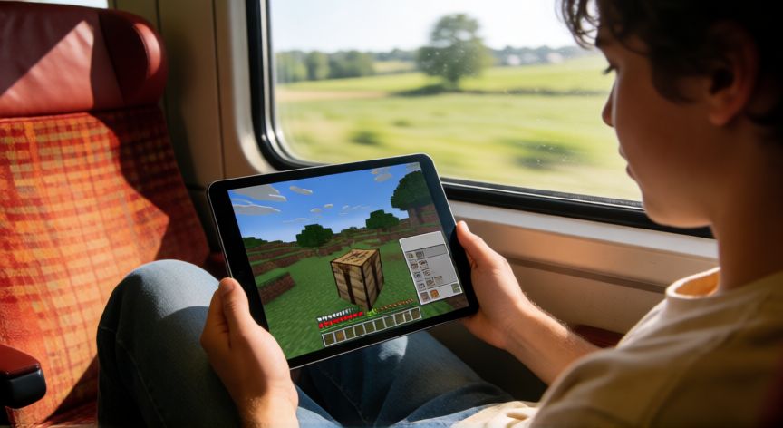minecraft es sin internet, Jugando Minecraft sin internet en un viaje en tren con una tablet