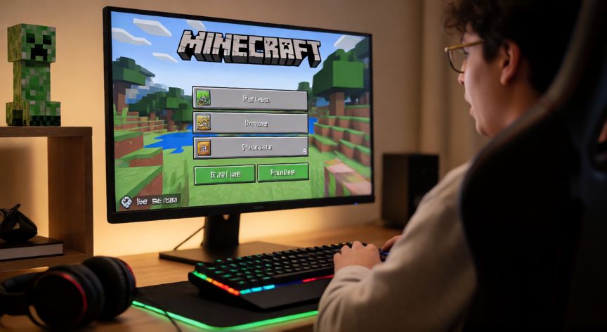 minecraft es un youtuber, Persona frente a un monitor mostrando la pantalla principal de Minecraft en su setup de gaming