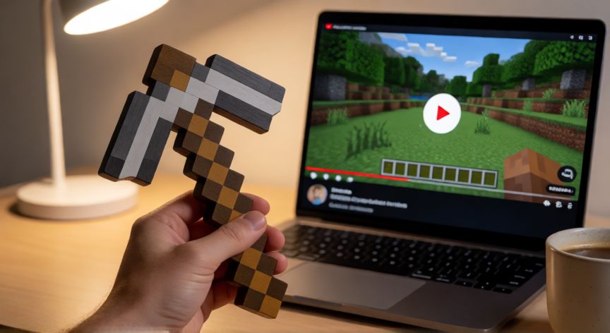 minecraft es un youtuber, Palo de Minecraft de madera sobre un escritorio con un portátil mostrando un vídeo de YouTube