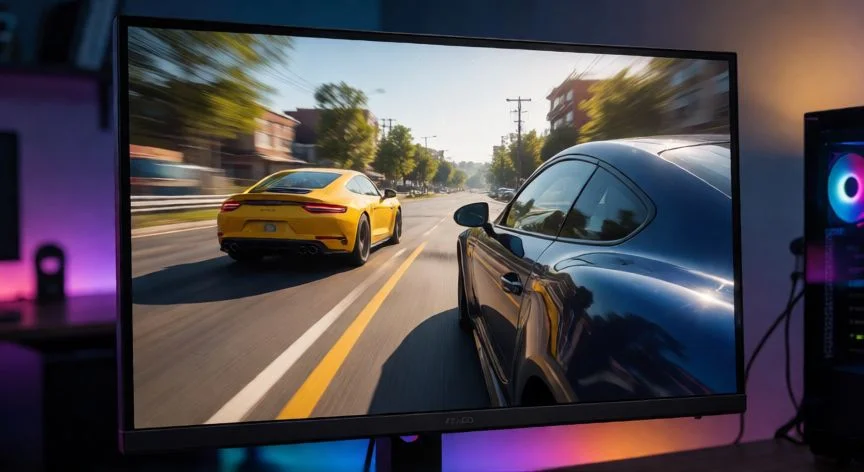 Monitor de juego de 144 Hz mostrando una escena fluida de carreras