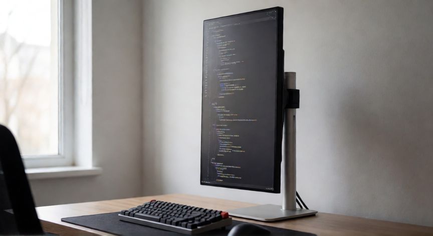 Monitor de ordenador girado en posición vertical mostrando código en una mesa de trabajo moderna