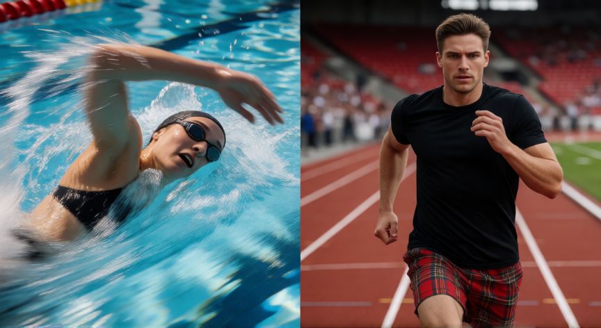 Comparación visual entre nadar en piscina y correr en pista de atletismo