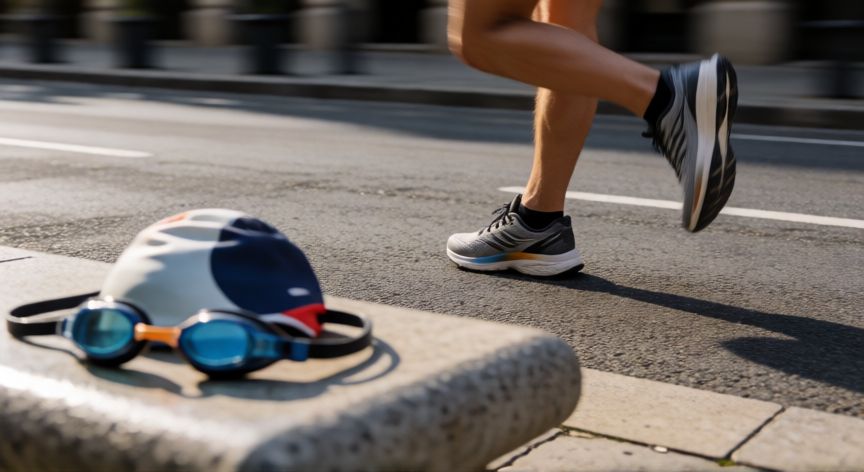 nadar es mejor que correr, Detalle de zapatillas de correr en asfalto y gafas de buceo sobre un banco