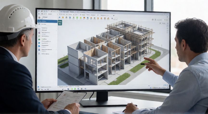 o'que é tecnologia bim, Ejemplo de tecnologia BIM con un modelo digital de edificio en una oficina de arquitectura