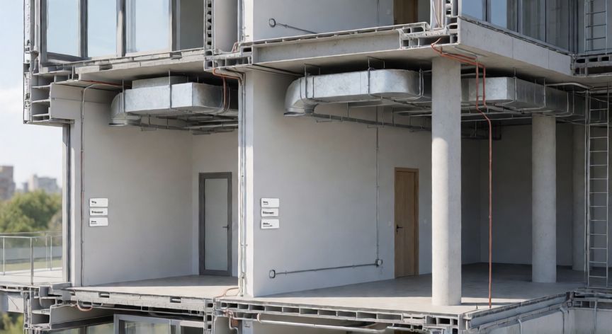 o'que é tecnologia bim, Corte de un edificio con elementos digitales BIM etiquetados como muro, tubo y estructura