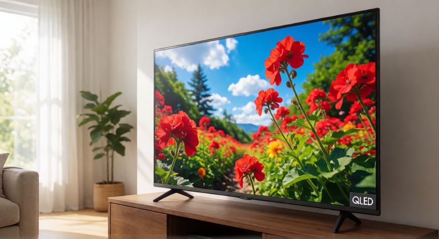 o'que é tecnologia qled, Televisión QLED en un salón mostrando colores vivos de una escena de naturaleza