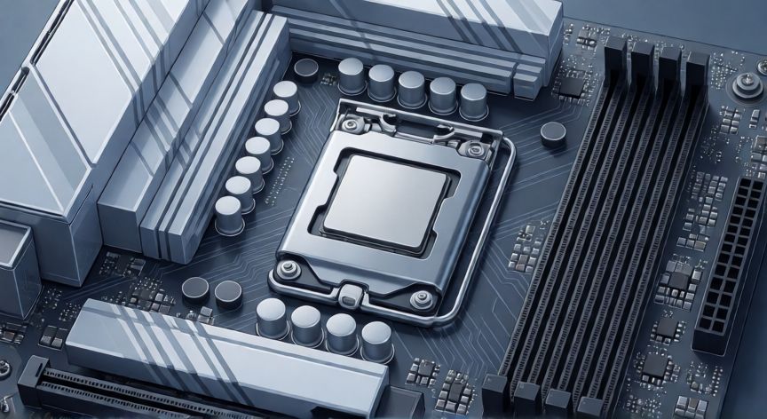 ordenador o que é, Vista detallada de una placa base de ordenador con CPU y memoria RAM