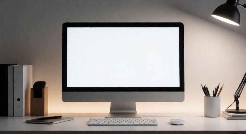 ordenador que acentuación es, Escritorio moderno con un ordenador de sobremesa y pantalla en blanco