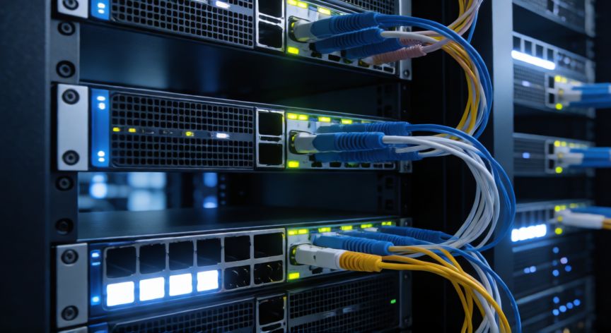ordenador que administra, Servidor central de administración en un centro de datos con cables organizados