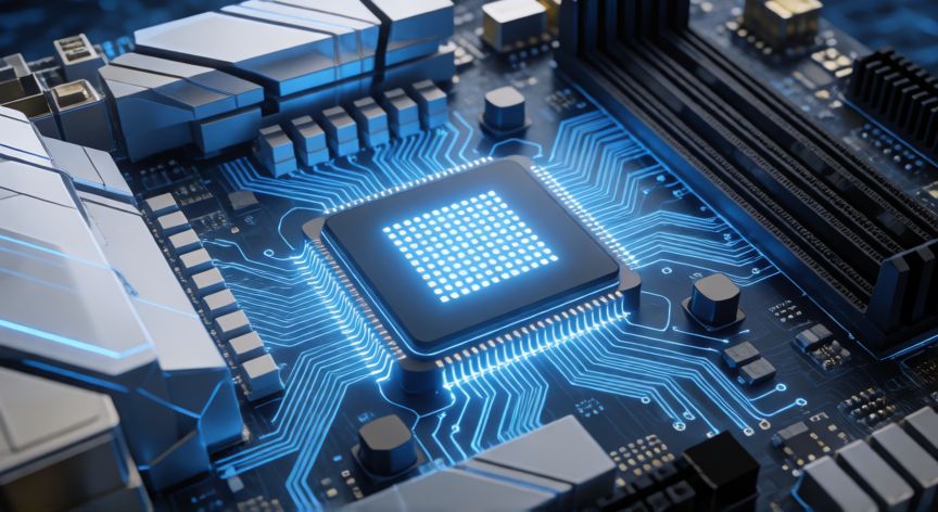 ordenador que administra los recursos, Motherboard con componentes de procesamiento y memoria iluminados