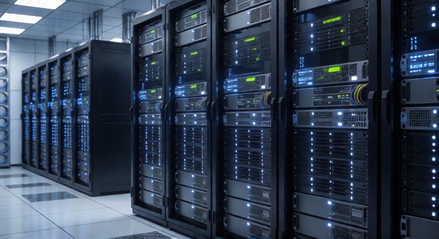 ordenador que administra los recursos en una red, Sala de servidores con racks de equipos encendidos