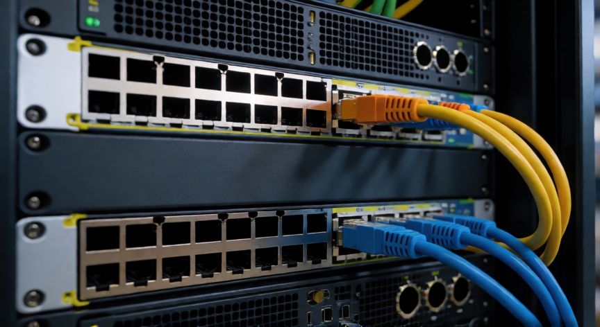 ordenador que administra los recursos en una red, Detalle de un rack de servidor con conmutadores y cableado