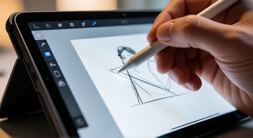 ordenador que se convierte en tablet, Persona usando lápiz digital en un ordenador híbrido en modo tablet