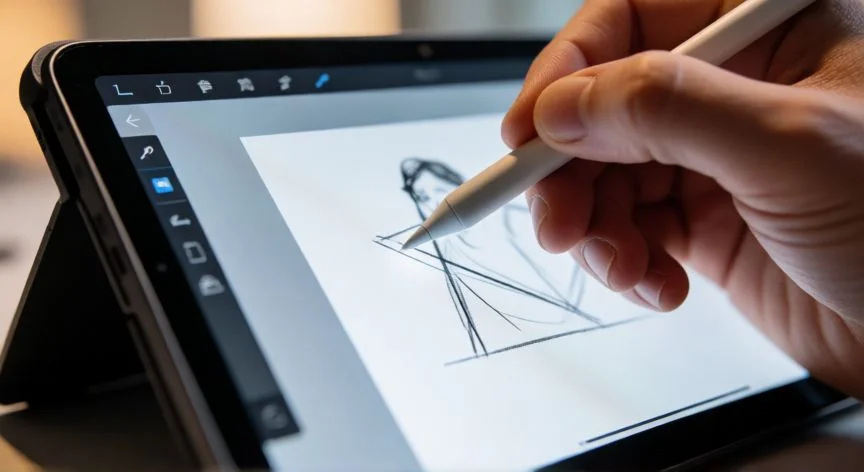 ordenador que se convierte en tablet, Persona usando lápiz digital en un ordenador híbrido en modo tablet
