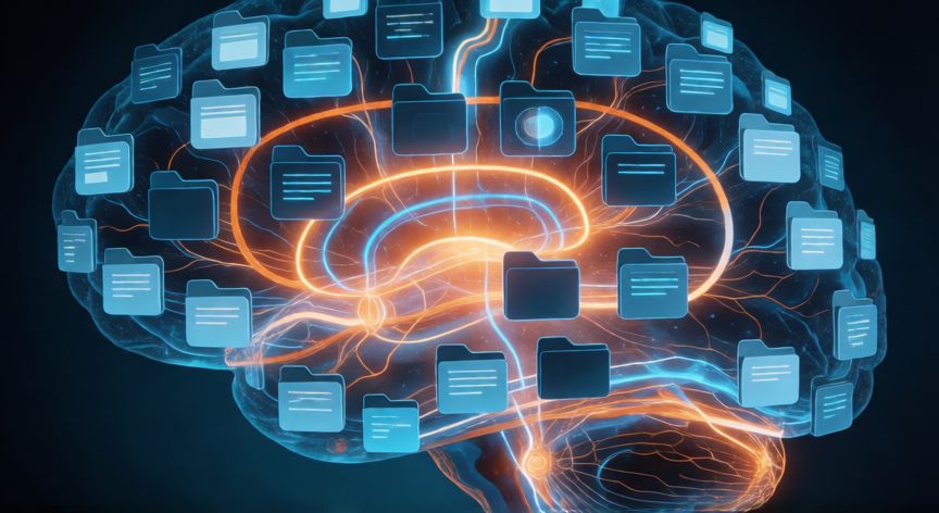 ordenador que tipo de palabra es, Representación conceptual de una mente ordenadora con archivos digitales