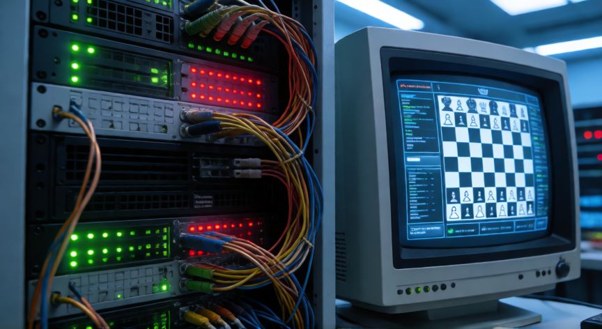 ordenador que venció a kasparov, Interior del supercomputador Deep Blue de IBM con pantallas analíticas
