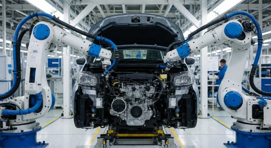 pais mejor fabricante de autos, Línea de ensamblaje de fábrica japonesa con robots instalando motores