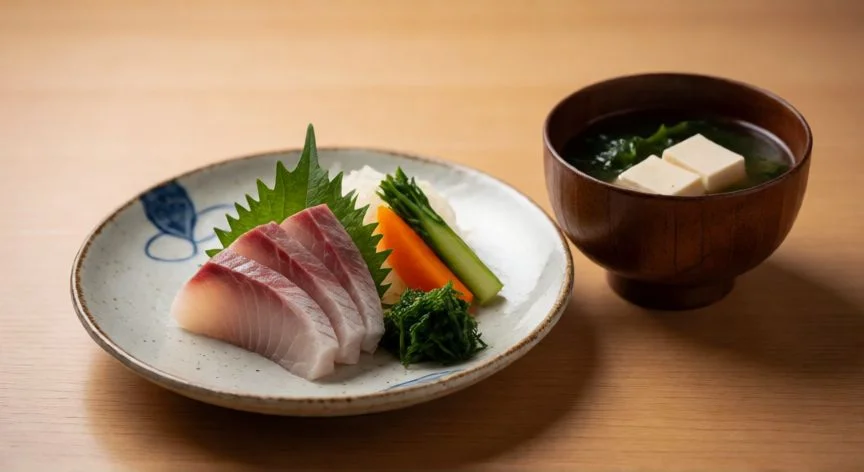 Plato de cocina japonesa fina con sashimi y sopa de miso