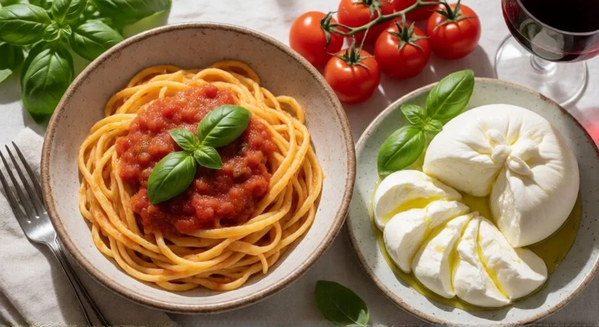 pais mejor gastronomia del mundo, Pasta artesanal italiana con queso burrata y aceite de oliva